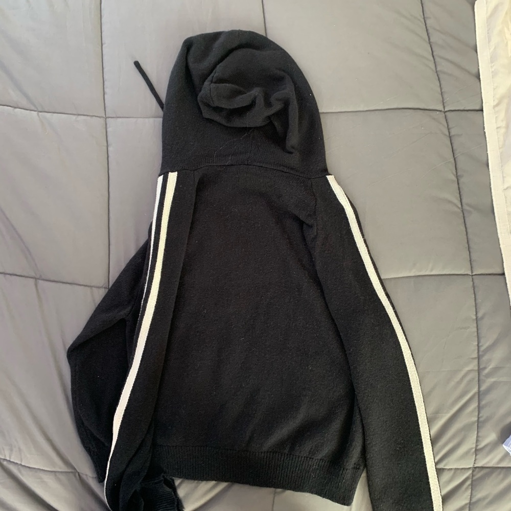 brandy black jacket with white striped sleeves